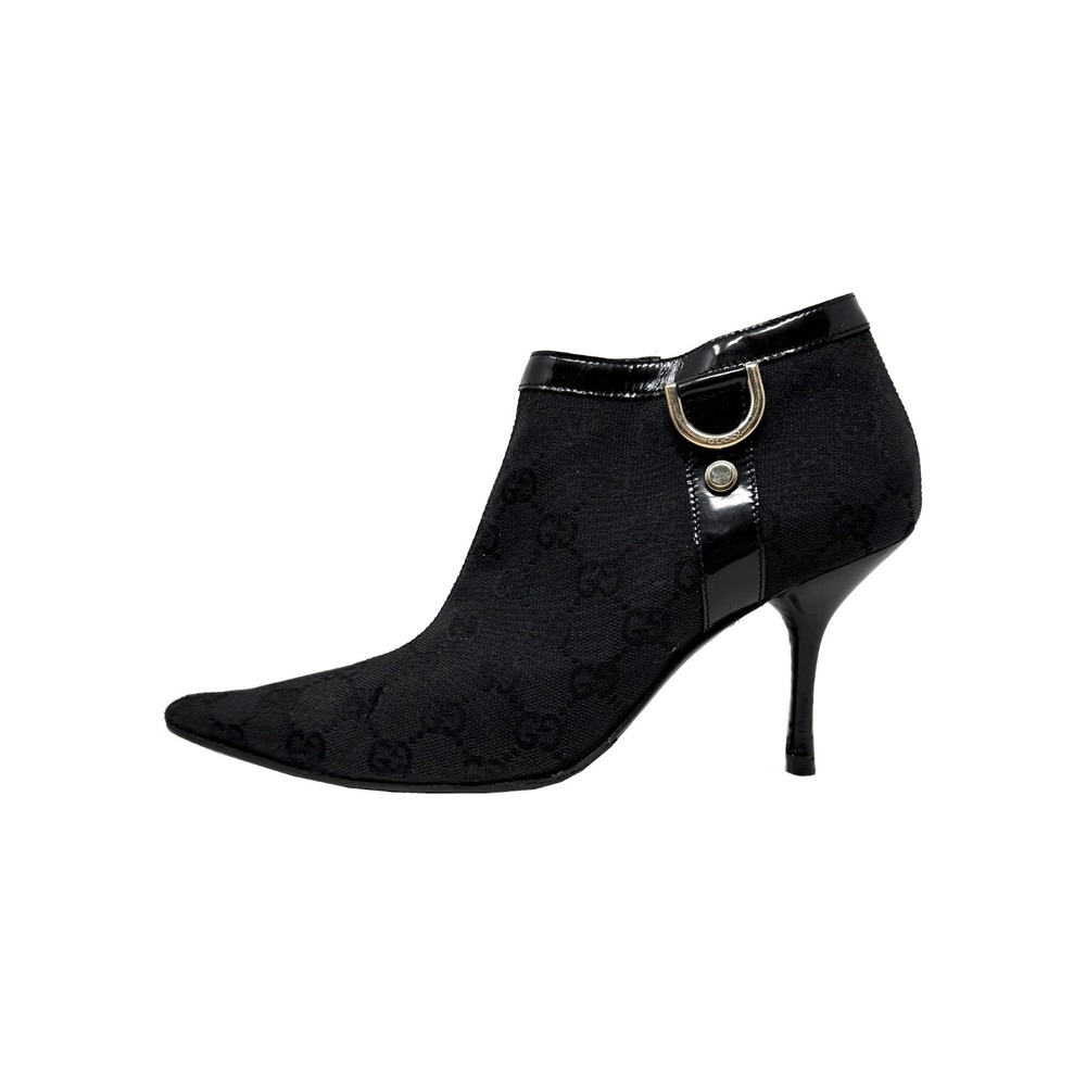 Vintage Gucci GG Monogram Pointed Toe Ankle Boots Heels Black Gold 6B